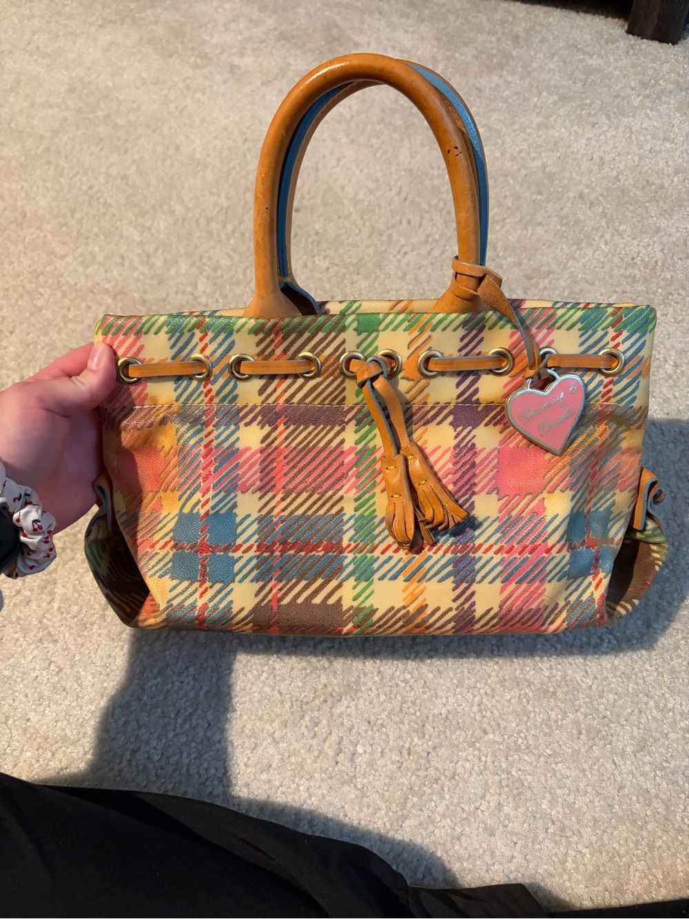 Dooney & Bourke Multicolor Plaid Tote with Yellow Leather Trim